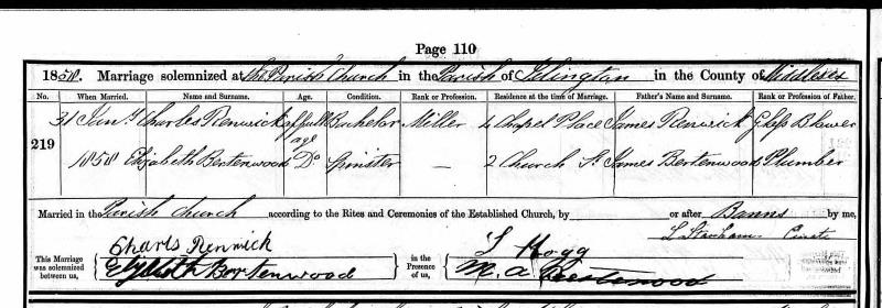 Marriage Parish Chiurch, Islington, Middlesex, England, UK 31 Jan 1858 Charles Chal(l)enor Renwick & Elizabeth Burtonwood