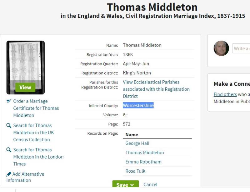 Marriage King's Norton, Worcestershire, England Q2 1868 Thomas Middleton & Emma Robotham