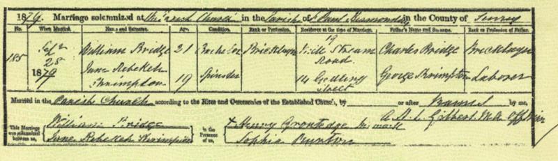 Marriage The Parish Church of St Paul, Bermondsey, Surrey, England 28 Sep 1879 William Bridge & Jane Rebekeh Shrimpton