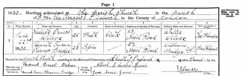 Marriage East Dulwich, London, England (St John the Evangelist (E.Dulwich)) 22 Jun 1930 Frederick Ernest Wilcox & Hannah Susan Eleanor Bridge