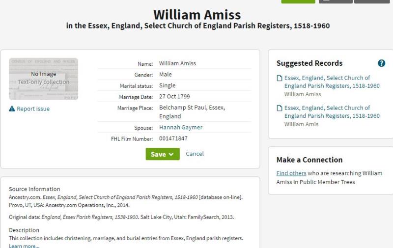 Marriage Belchamp St Paul, Essex, England (Belchamp St Paul, Essex, England) 27 Oct 1799 William Amis & Hannah Gaymer
