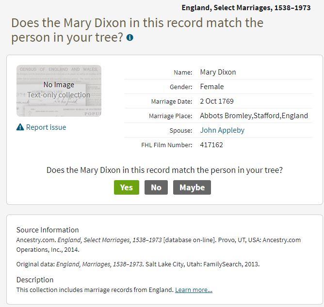 Marriage Abbots Bromley, Staffordshire, England, United Kingdom. 2 Oct 1769 John Appleby & Mary Dixon
