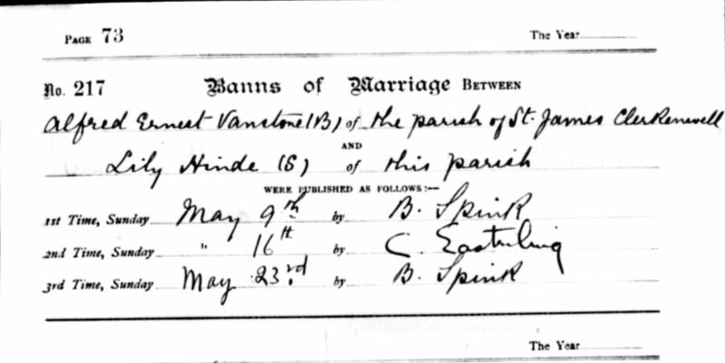 Marriage Islington, Middlesex, England (The Parish Church, Hornsey) 5 Jun 1920 Alfred Ernest Vanstone & Lillian 