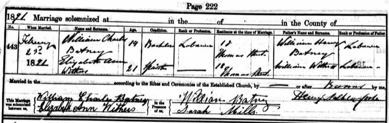 Marriage Tower Hamlets, London, England (St Paul, Bow Common) 23 Feb 1891 William Charles Batney & Elizabeth Ann Withers