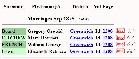 Marriage Greenwich, London, England Q3 1875 Gregory Oswald Board & Elizabeth Rebecca Lewis