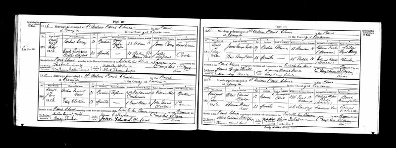 Marriage Newington, Southwark, England (St Andrew Church) 19 Jun 1916 Albert Edward Bridge & Florence Maud Hart