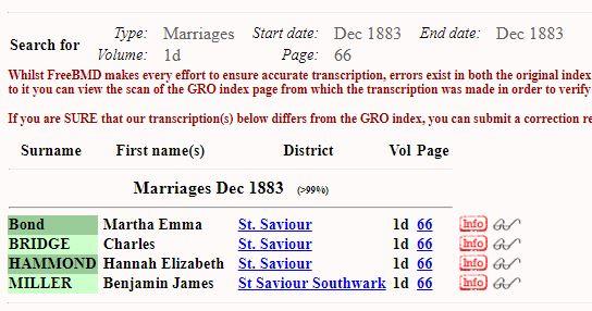 Marriage (St Saviour, Southwark, London, England, United Kingdom) Q4 1883 Charles Bridge & Hannah Elizabeth Hammond