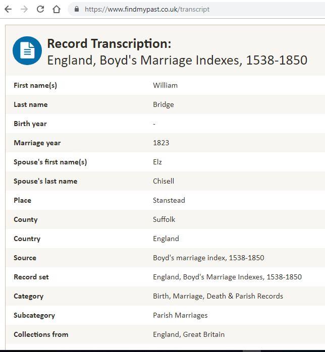 BridgeWm_Chisell_Elizabeth_1823Oct19_StansteadSuffolk_Boyds_Marriages