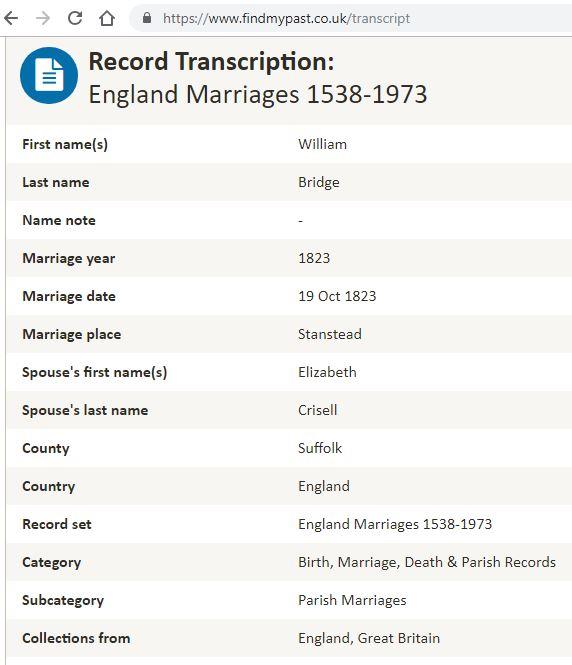 Marriage Stanstead, Suffolk, England, United Kingdom (Parish Church, Stanstead, Suffolk, England, United Kingdom) 19 Oct 1823 William Bridge & Elizabeth Crisell