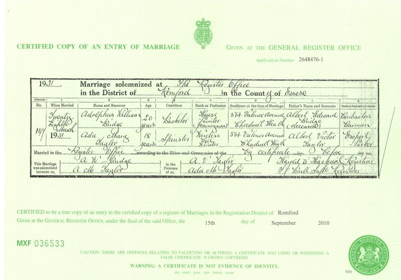 Marriage Romford, Essex, England (The Register Office) 28 Mar 1931 Adolphus William Bridge & Ada Mary Taylor