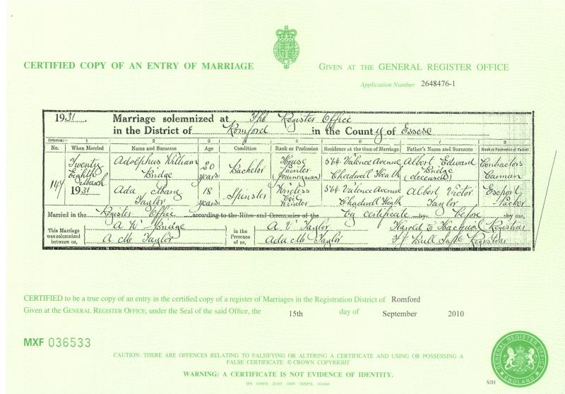 Marriage Romford, Essex, England (The Register Office) 28 Mar 1931 Adolphus William Bridge & Ada Mary Taylor