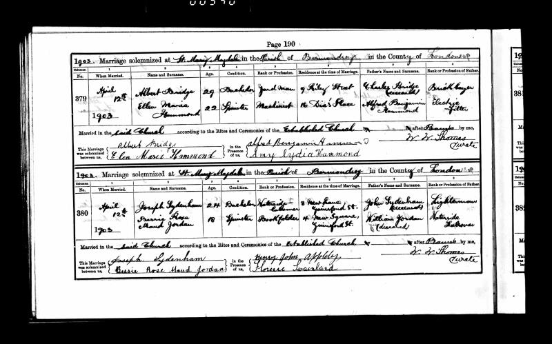 Marriage St Mary Magdalene, Bermondsey, Southwark, England, United Kingdom. (St Mary Magdalene, Bermondsey, Southwark, England, United Kingdom.) 12 Apr 1903 Albert Bridge & Ellen Maria Hammond