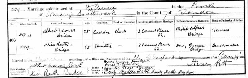 Marriage Southwark, London, England (St Mary's Parish Church) 12 Sep 1909 Albert Edward Bridge & Alice Ruth Bridge