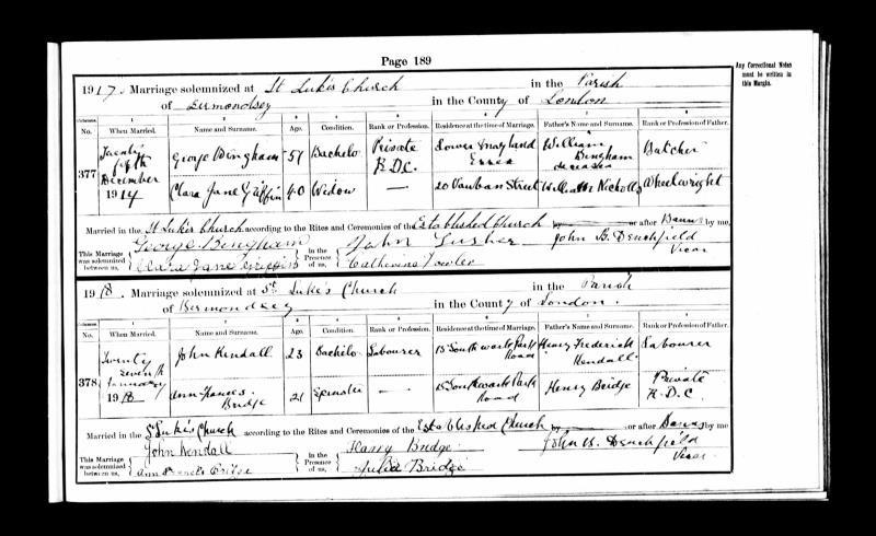 Marriage (St Lukes Church, Bermondsey, London, England, United Kingdom.) 27 Jan 1918 John Kendall & Ann Frances Bridge