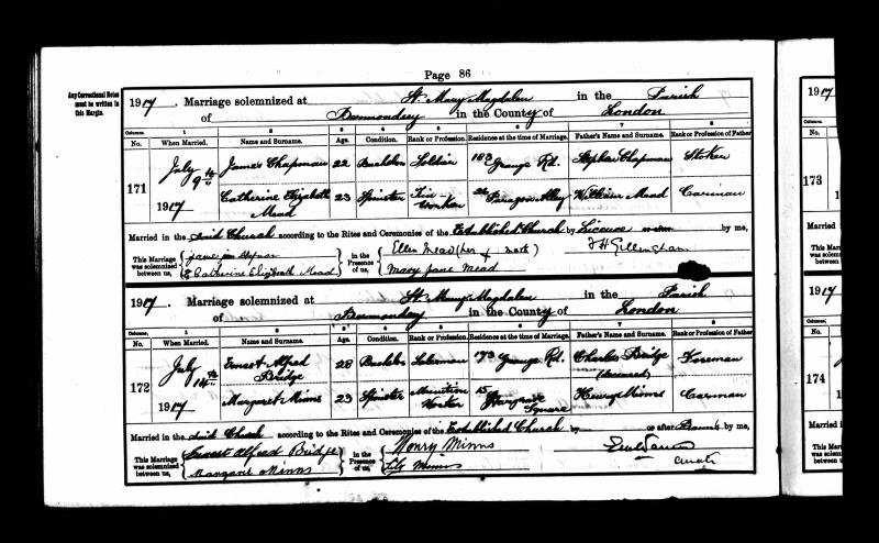 Marriage St Mary Magdalene, Bermondsey, Southwark, England, United Kingdom. 14 Jul 1917 Ernest Alfred Bridge & Margaret Minns