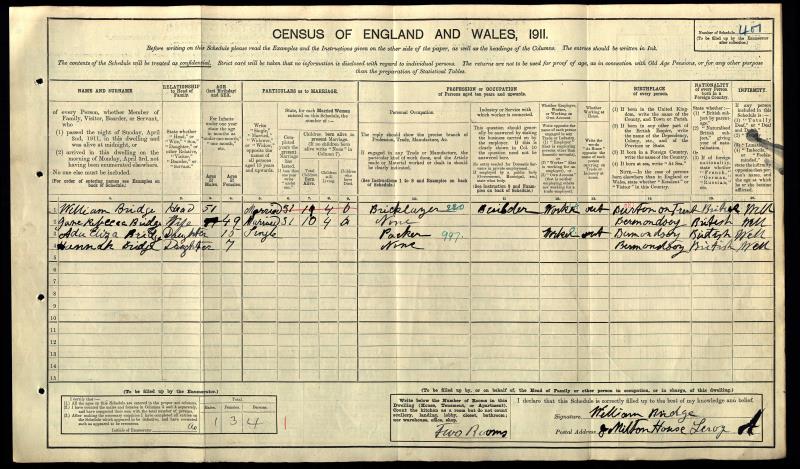 1911 Census - Bridge,  William Jane Ada Eliza & Hannah