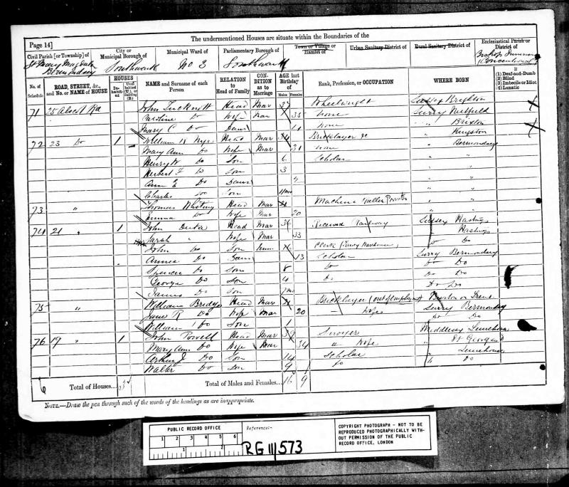 1881 Census Bridge William, Jane & Son William living at 21 Alscot Road, Bermondsey Southwark