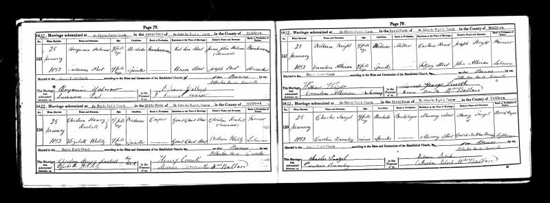 Marriage Saint John The Baptist, Shoreditch, London, England (Saint John The Baptist, Shoreditch, London, England) 25 Jan 1852 Charles Snazel & Caroline Bromley
