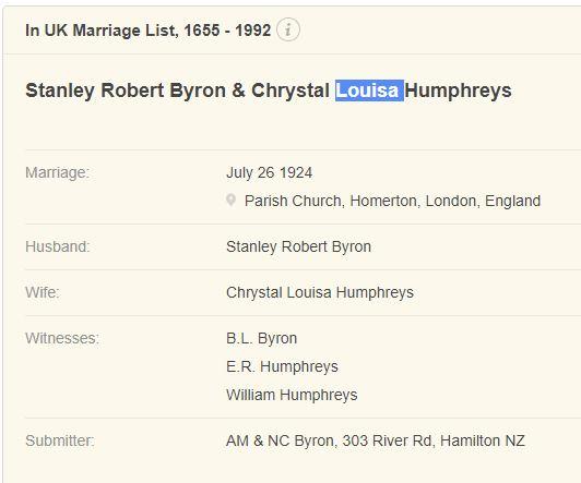 Marriage Parish Church, Homerton, London, England (Parish Church, Homerton, London, England) 26 Jul 1924 Stanley Robert Byron & Crystal Louisa Humphreys