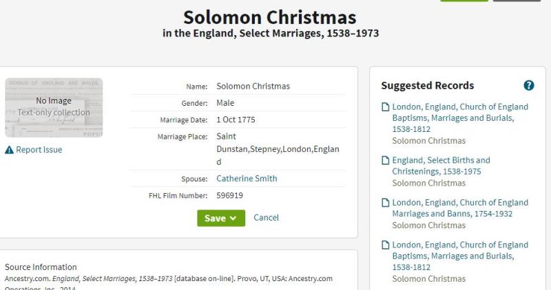 Marriage (St Dunstan and All Saints, Stepney, Tower Hamlets, England, United Kingdom) 1 Oct 1775 Soloman Christmas & Catherine Smith