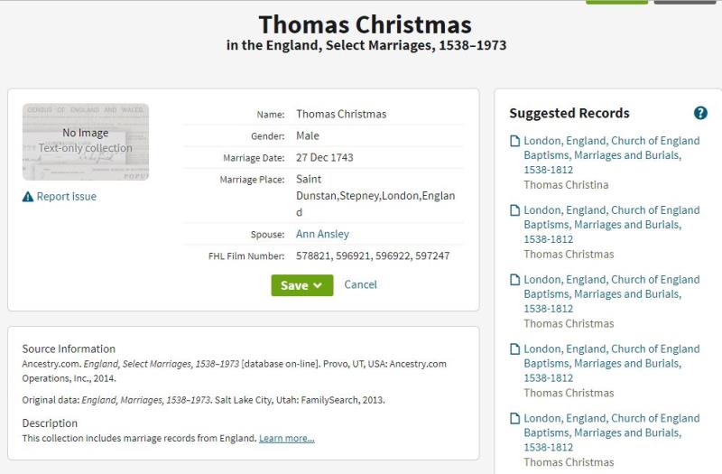 Marriage (St. Dunstan, Stepney, London, England, United Kingdom) 27 Dec 1743 Thomas Christmas & Ann Ansley