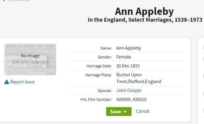 Marriage St. Modwen's, Burton Upon Trent, Staffordshire, England, United Kingdom 30 Dec 1833 John Cooper & Ann Appleby