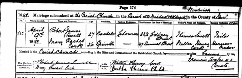 Marriage Woolwich, England, United Kingdom. (St Michael and All Angels, Woolwich, England, United Kingdom.) 9 Apr 1898 Mary Rachel Cork & Robert James Sewell