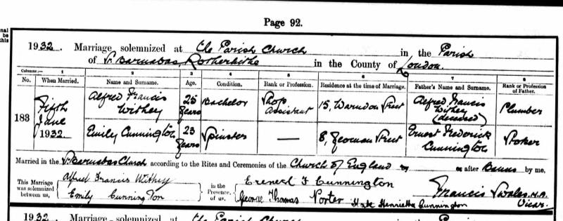 Marriage All Saints, Rotherhithe, Southwark, England, United Kingdom (All Saints, Rotherhithe, Southwark, England, United Kingdom) 5 Jun 1932 Alfred Francis Withey & Emily Cunnington