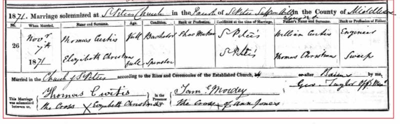 Marriage (St Peters Chuch, Parish of St Peters, Saffron Hill (Holborn), Camden, England, United Kingdom) 7 Nov 1871 Thomas Curtis & Elizabeth Christmas