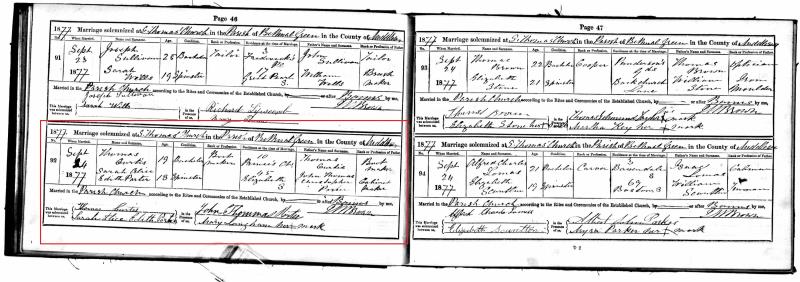 Marriage (St Thomas Church, Bethnal Green, Middlesex, England, United Kingdom) 24 Sep 1877 Thomas Curtis & Sarah Alice Edith Porter