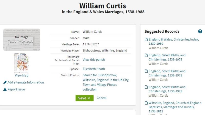 Marriage (Bishopstrow, Wiltshire, England, united Kingdom) 11 Oct 1767 William Curtis & Elizabeth Heath