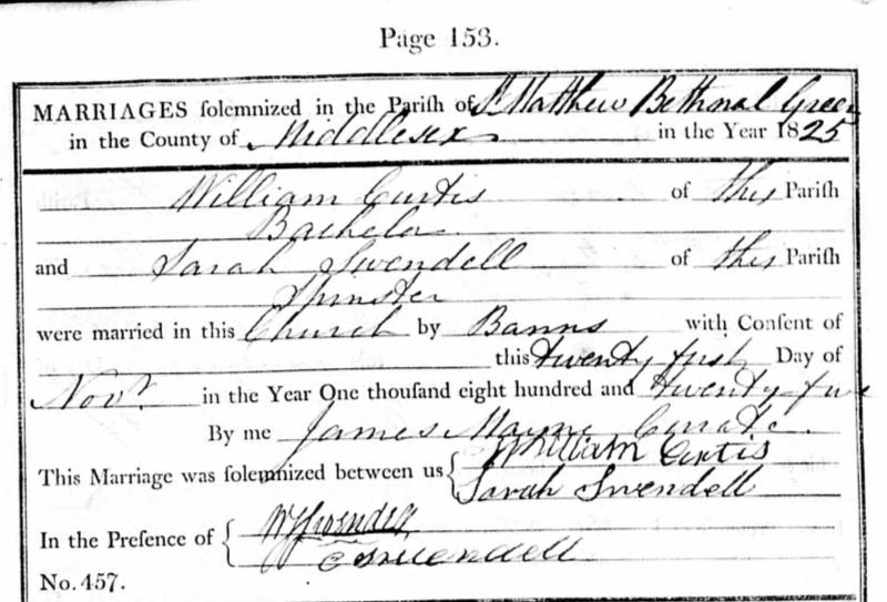 Marriage Tower Hamlets, Middlesex, England, uinited Kingdom. (St Matthew, Bethnal Green) 21 Nov 1825 William Curtis & Sarah Swendell