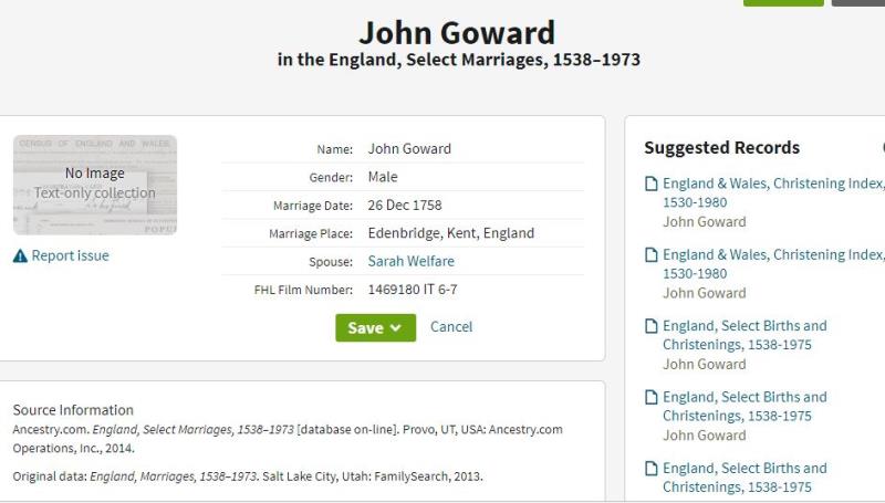 Marriage (Edenbridge, Kent, England, United Kingdom) 26 Dec 1758 John Goward & Sarah Welfare