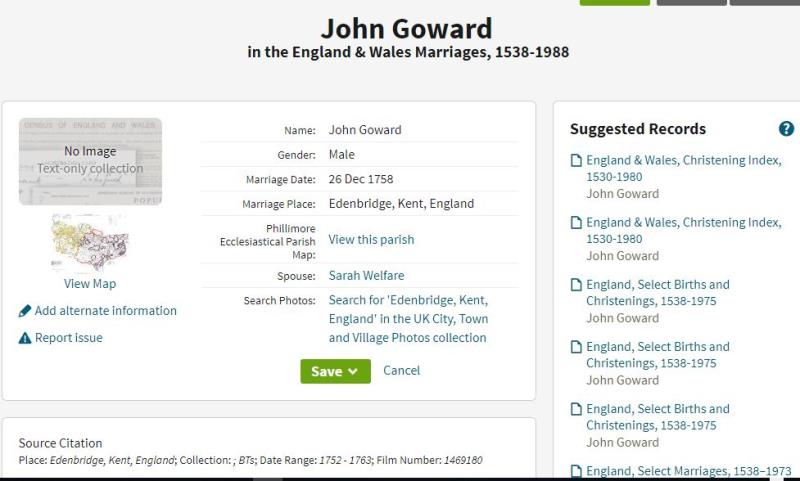 Marriage (Edenbridge, Kent, England, United Kingdom) 26 Dec 1758 John Goward & Sarah Welfare