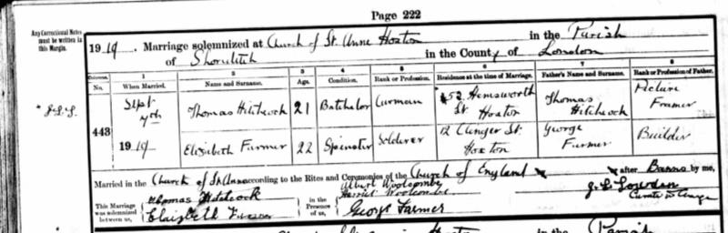 Marriage Shoreditch, London, England (Church of St Ann, Hoxton) 7 Sep 1919 Thomas Hitchcock & Elizabeth Farmer