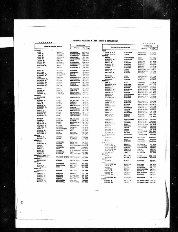 Marriage Sleaford, Lincolnshire, En Q3 1972 Brian Kearsley & Betty Rose Renwick