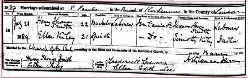Marriage (St Pauls Parish Church, Clerkenwell, Islington, England, United Kingdom) 21 Jul 1889 Henry Thomas Smith & Ellen Kiley