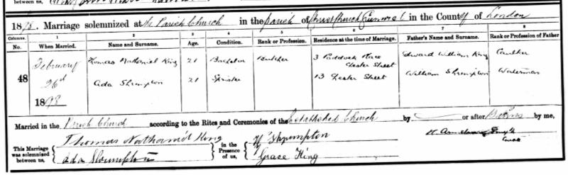 Marriage Greenwich, East, Greenwich, England (Christ Church) 26 Feb 1898 Thomas Nathaniel King & Ada Louise Shrimpton