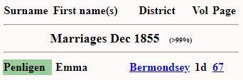 Marriage Bermondsey, Southwark, England (Christ Church) 7 Oct 1855 James Burnham & Emma Jane Penligen