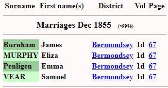 Marriage Bermondsey, Southwark, England (Christ Church) 7 Oct 1855 James Burnham & Emma Jane Penligen
