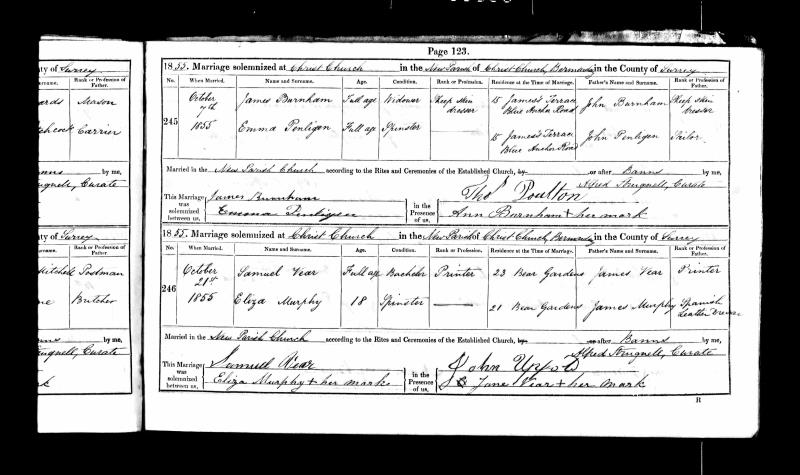 Marriage Bermondsey, Southwark, England (Christ Church) 7 Oct 1855 James Burnham & Emma Jane Penligen