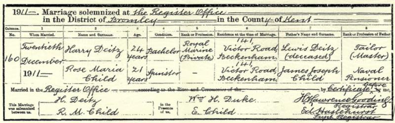 Marriage Bromley, Kent, England (The Register Office) 20 Dec 1911 Harry Deitz & Rose Maria Child