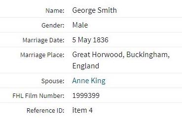 Marriage Great Horwood, Buckingham, England 5 May 1836 George Smith & Anne King