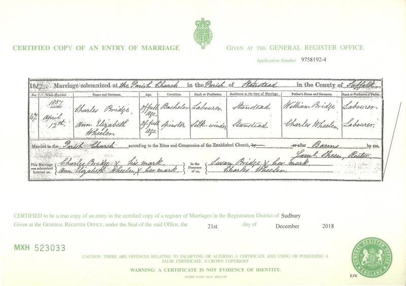 Marriage Stanstead, Suffolk, England (The parish Church (unnamed)) 12 Apr 1857 Ann Elizabeth Wheeler & Charles Bridge