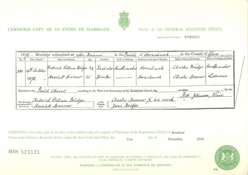 Marriage Hornchurch, Essex, England (Parish Church (Unnamed)) 14 Oct 1878 Frederick William Bridge & Harriet Sparrow