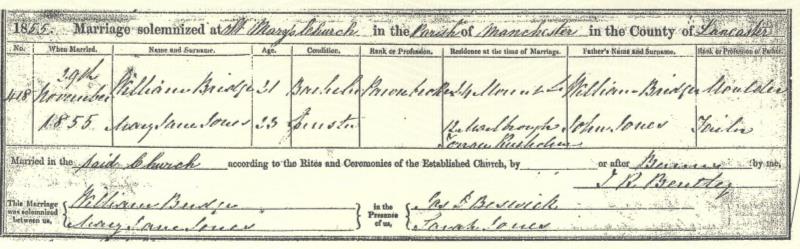 Marriage Manchester, Lancaster, England, United Kingdom. (St . Mary's Church, Manchester, Lancaster, England, United Kingdom.) 29 Nov 1855 William Bridge & Mary Jane Jones