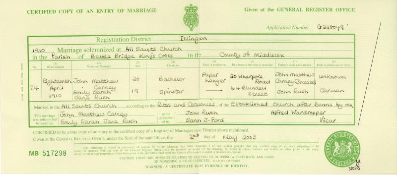 Marriage Islington, London, England (All Saints Church, Battle Bridge Kings Cross) 18 Apr 1910 John Matthew Street & Emily Sarah Jane Rush