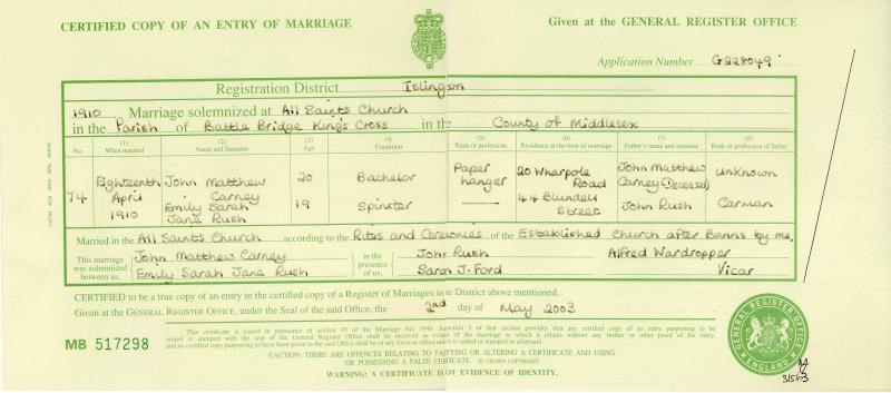 Marriage Islington, London, England (All Saints Church, Battle Bridge Kings Cross) 18 Apr 1910 John Matthew Street & Emily Sarah Jane Rush