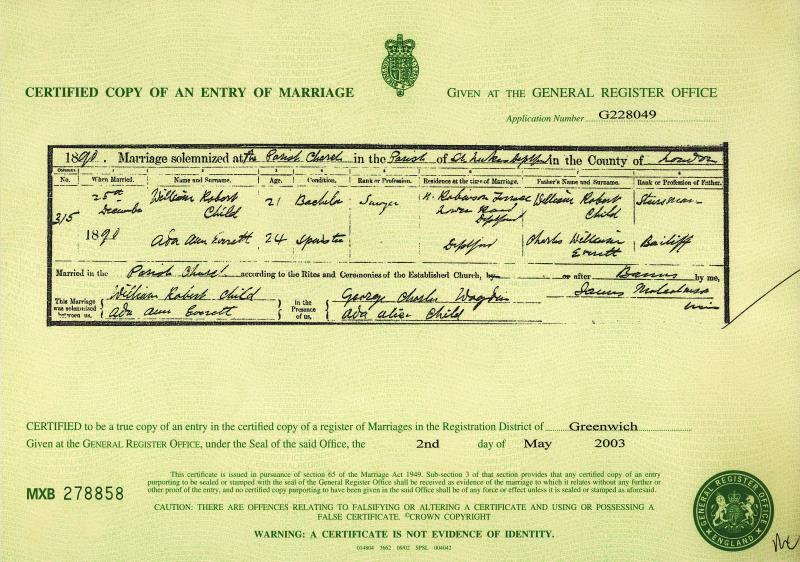 Marriage Deptford, London, England (St Lukes Parish Church) 25 Dec 1890 William Robert Child & Ada Ann Gibbons