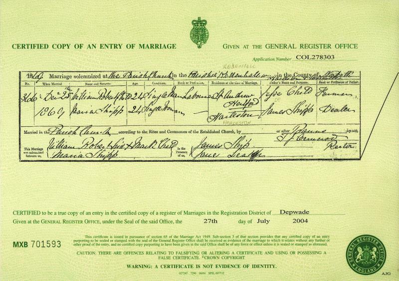 Marriage Redenhall, Norfolk, England (Redenhall parish Church) 25 Dec 1869 William Robert Child & Maria Shipp